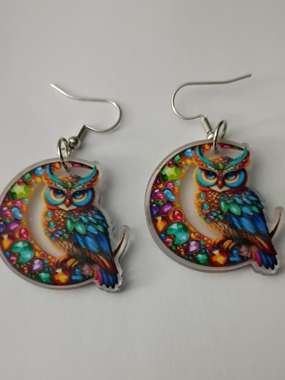 Vibrant Multicolor Owl Crescent Drop Earrings - Blue & Gold Accents